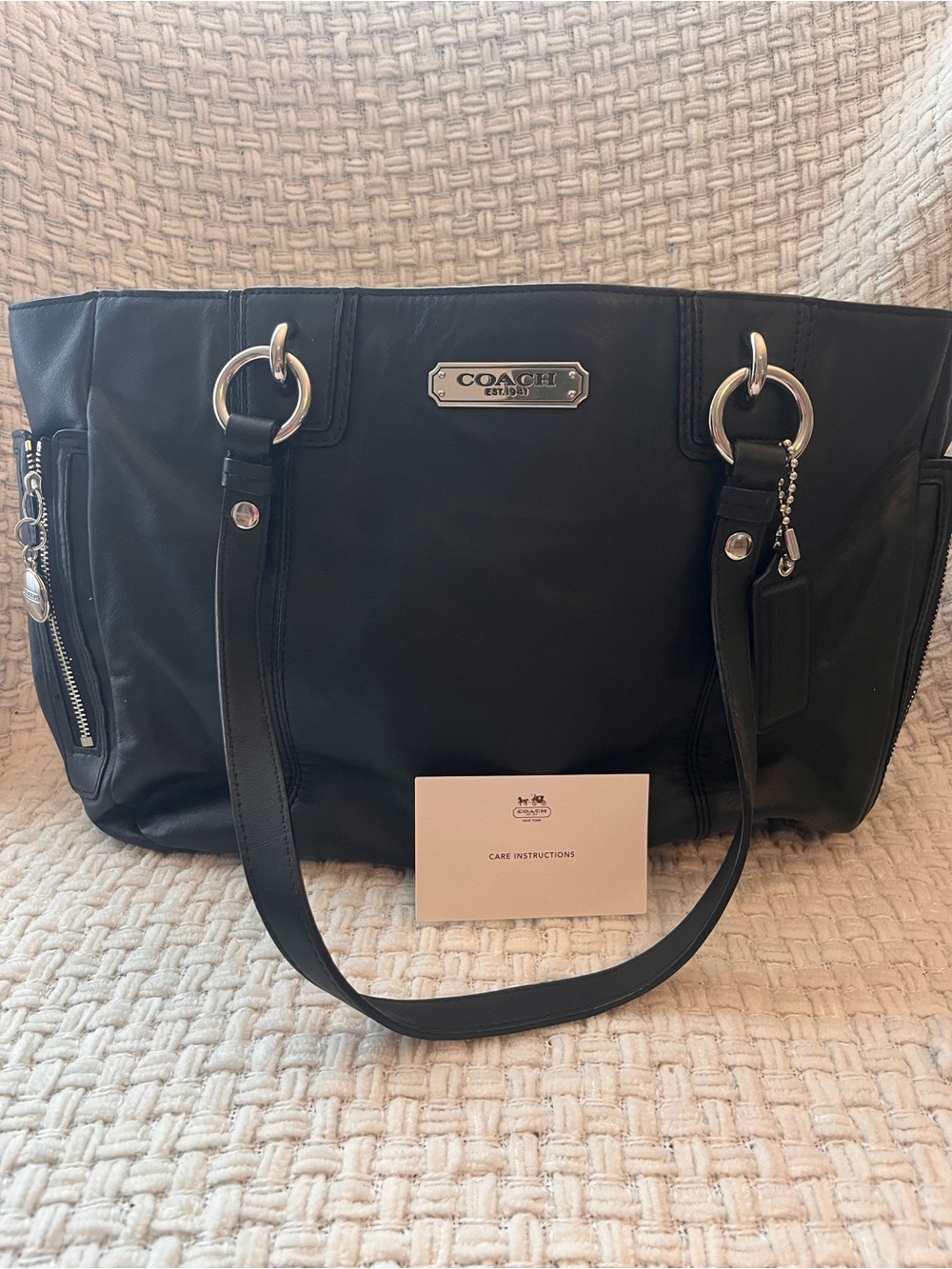Coach Black Leather Tote with Silver-Tone Accents